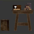 Rustic Wooden Table With Open Book Stacked Books Wine Glass And Stool
