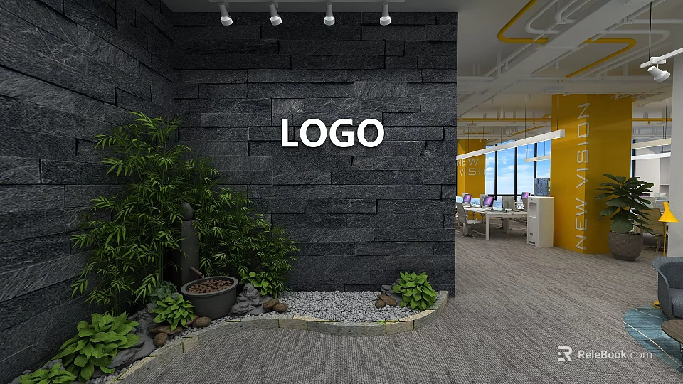 Modern Office Interior With Black Stone Wall LOGO Green Plants Stone Decoration Office Desks And Windows 3d model 