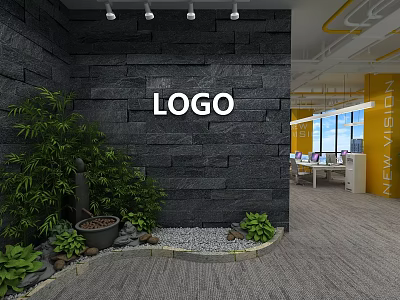 Modern Office Interior With Black Stone Wall LOGO Green Plants Stone Decoration Office Desks And Windows 3d model