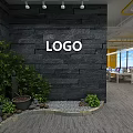 Modern Office Interior With Black Stone Wall LOGO Green Plants Stone Decoration Office Desks And Windows