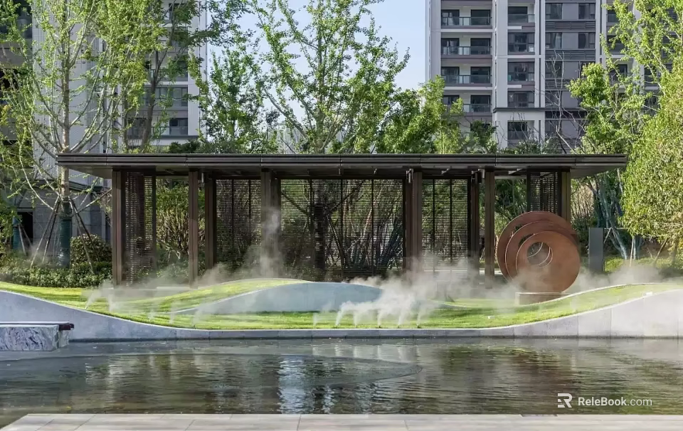 Outdoor Pergola in Modern Landscape with Water Feature Misty Greenery Circular Sculpture and Trees 3d model 
