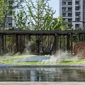 Outdoor Pergola in Modern Landscape with Water Feature Misty Greenery Circular Sculpture and Trees
