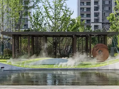 Outdoor Pergola in Modern Landscape with Water Feature Misty Greenery Circular Sculpture and Trees 3d model