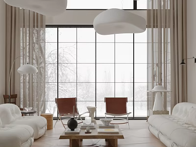 Modern Loft Living Room With Large Windows And Cozy Furniture 3d model