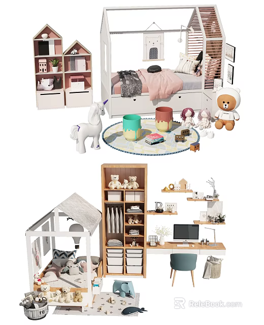 White Tent Design Kids Bed With Storage Pink Blanket Unicorn Teddy Bear Cozy Toys Rug 3d model 