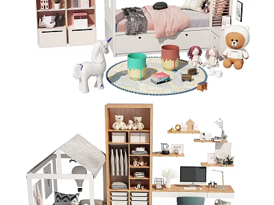 White Tent Design Kids Bed With Storage Pink Blanket Unicorn Teddy Bear Cozy Toys Rug 3d model