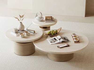 Round Wooden Coffee Tables with Vase Books Apples Magazines and Cups 3d model