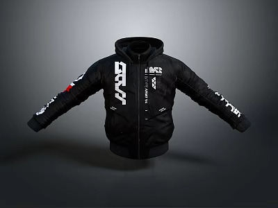 Black Hooded Jacket With White Text Red Patch And Zipper Design 3d model