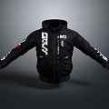 Black Hooded Jacket With White Text Red Patch And Zipper Design