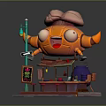Colorful Cartoon Food Stall With Orange Character Pink Brain Head Street Lamp And Tables