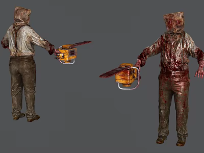 Terrifying Game Movie Character In Bloodstained Outfit With Sack Hood And Chainsaw 3d model