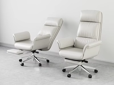 White Leather Office Chairs With High Back Armrests Footrest Metal Base And Rolling Wheels 3d model