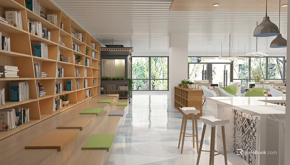 Book Art Inspired Library Interior With Bookshelves And Seating Areas 3d model 
