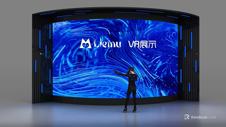 Curved VR Display Background Wall With Blue Flowing Patterns And Interactive Gesture Experience 3d model 