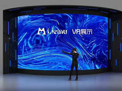 Curved VR Display Background Wall With Blue Flowing Patterns And Interactive Gesture Experience 3d model
