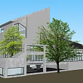Modern Homestay Building with Gray Exterior Black Roof Skylight Green Trees and Outdoor Terrace