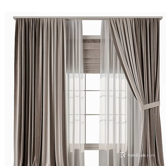 Beige Double Layer Curtains With Sheer Voile And Tie Backs For Window Decoration 3d model