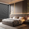 Modern Bedroom Interior With Upholstered Headboard Blinds Wooden Wall Table Lamp Green Plant And Rug