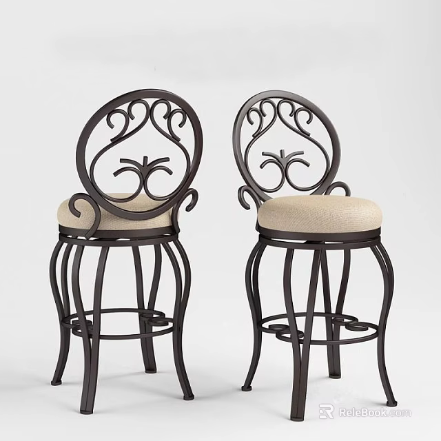 Elegant Ornate Bar Stools With Curved Scroll Back And Beige Upholstered Black Metal Frame 3d model 