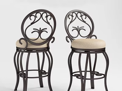 Elegant Ornate Bar Stools With Curved Scroll Back And Beige Upholstered Black Metal Frame 3d model