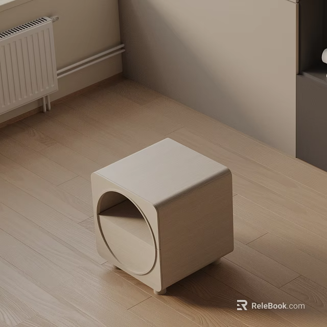 Minimalist Light Wood Bedside Table With Cube Shape And Round Cutout In Bedroom Interior 3d model 