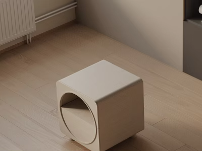 Minimalist Light Wood Bedside Table With Cube Shape And Round Cutout In Bedroom Interior 3d model