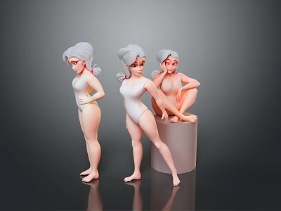 Women 3D Models in White Bodysuits with Various Poses on Gray Background 3d model
