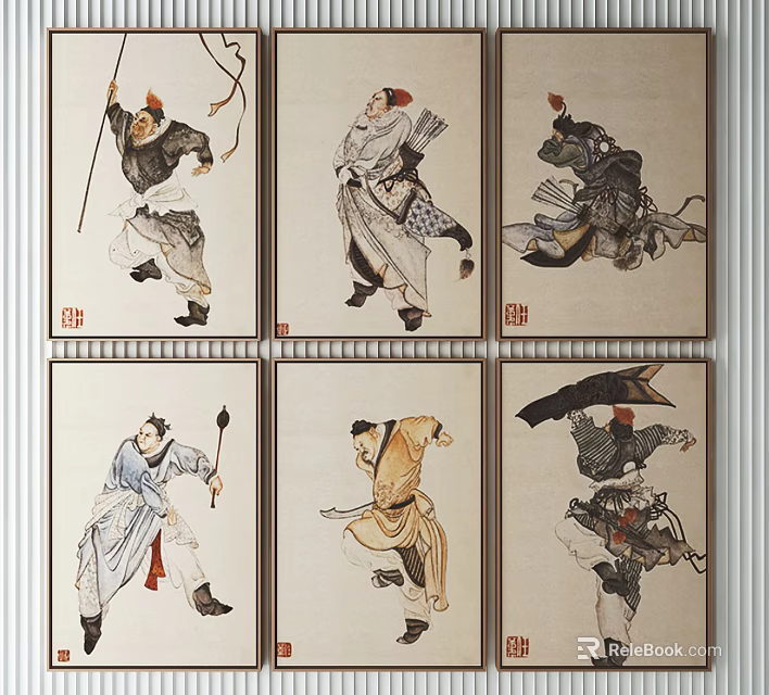Traditional Chinese Figure Paintings With Ancient Characters In Dynamic Poses On Wall Art 3d model 