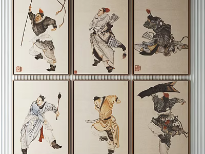 Traditional Chinese Figure Paintings With Ancient Characters In Dynamic Poses On Wall Art 3d model