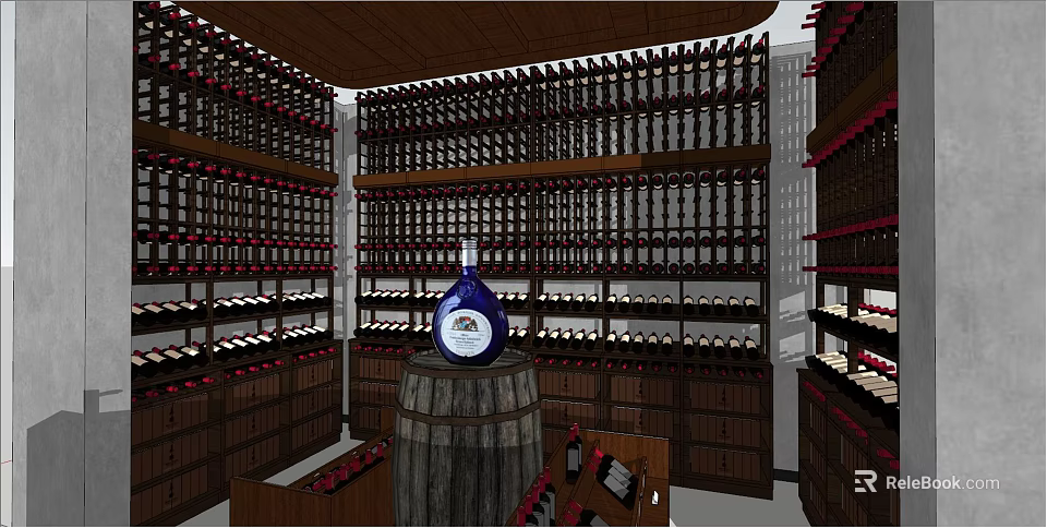 Wine Cellar Interior Featuring Wooden Barrel Blue Bottle And Shelves Full Of Wine 3d model 
