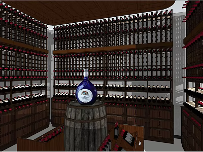 Wine Cellar Interior Featuring Wooden Barrel Blue Bottle And Shelves Full Of Wine 3d model