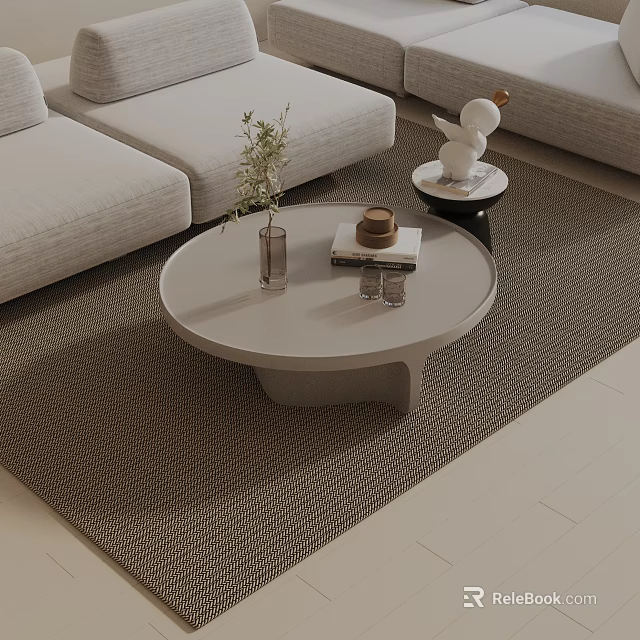 Modern Living Room Sofa and Coffee Table Set With Round Vase Books and Decorative Rug 3d model 