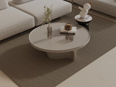 Modern Living Room Sofa and Coffee Table Set With Round Vase Books and Decorative Rug 3d model