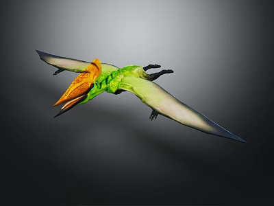 Flying Prehistoric Reptile With Green Body Orange Crested Head And Large Wings In Flight 3d model