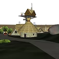 Ancient Village Scene With Thatched Roof Houses Circular Fence Trees Central Area And People