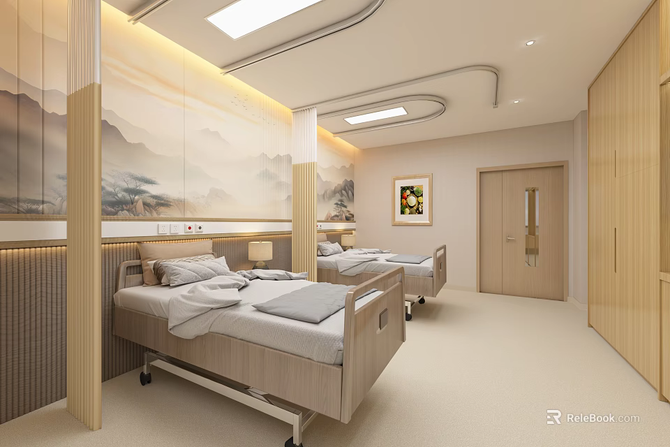 Modern Hospital Ward Interior With Two Beds Wooden Cabinets And Mountain Landscape Painting 3d model 