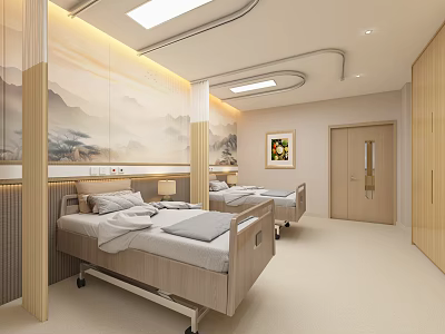 Modern Hospital Ward Interior With Two Beds Wooden Cabinets And Mountain Landscape Painting 3d model