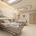 Modern Hospital Ward Interior With Two Beds Wooden Cabinets And Mountain Landscape Painting
