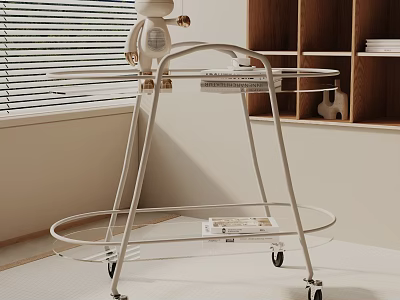 White Movable Side Table With Metal Frame Wheels And Wooden Bookshelf In Interior 3d model