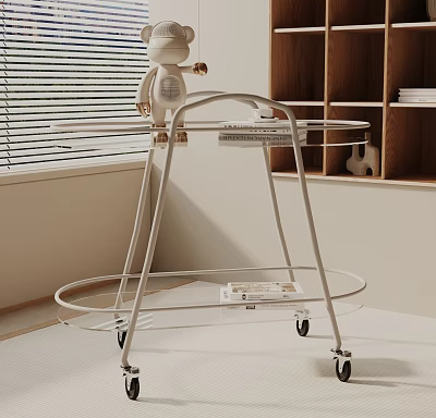White Movable Side Table With Metal Frame Wheels And Wooden Bookshelf In Interior 3d model