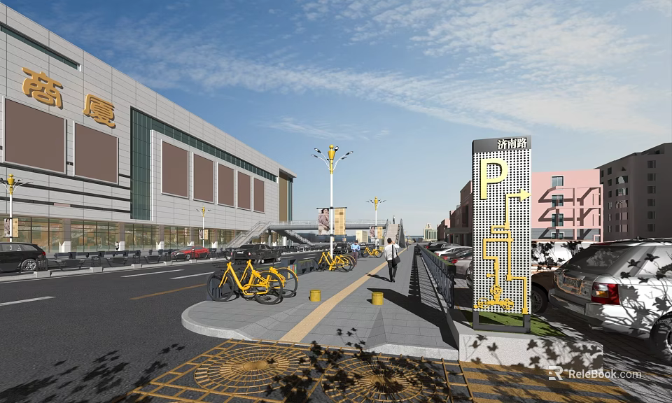 Urban Road Facilities Featuring Shared Bikes Street Lamps And P+R Sign 3d model 