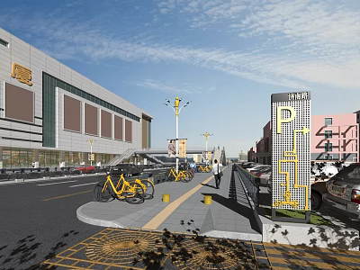 Urban Road Facilities Featuring Shared Bikes Street Lamps And P+R Sign 3d model