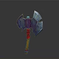Fantasy Axe Weapon with Blue Blades Red Handle and Wooden Shaft