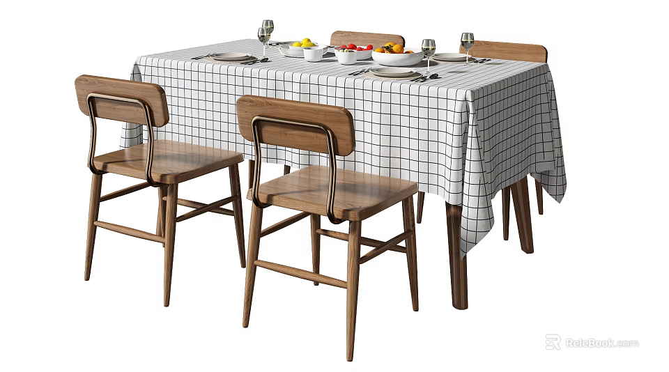 Dining Table Set With Black And White Checkered Tablecloth Wooden Chairs Tableware Glasses And Fruits 3d model 