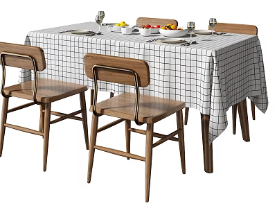 Dining Table Set With Black And White Checkered Tablecloth Wooden Chairs Tableware Glasses And Fruits 3d model