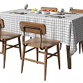 Dining Table Set With Black And White Checkered Tablecloth Wooden Chairs Tableware Glasses And Fruits