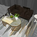 Modern Double Sofa Living Room With Round Coffee Table Green Plants And Wooden Floor