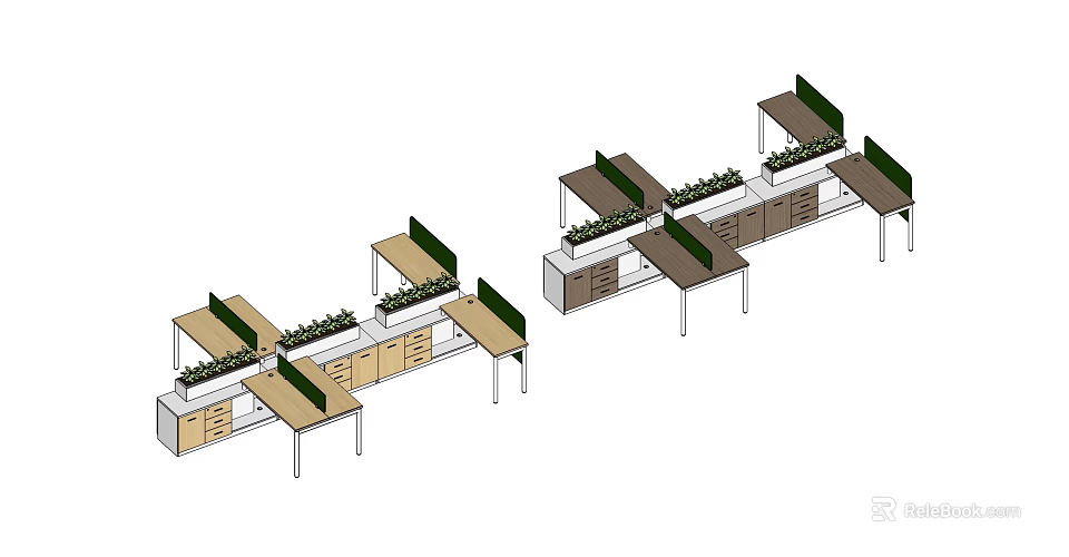 Modern Office Desk Layout With Multiple Workstations Green Partitions And Drawer Cabinets 3d model