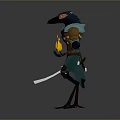 Anthropomorphic Crow Headed Warrior Character With Blue Brown Clothing Holding Sword Clawed Feet