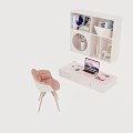 White Vanity Table Setup With Pink Chair Laptop And Wall Cabinet Decorations